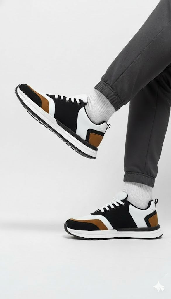 Men’s Premium Colorblock Sneakers – Black, White & Brown